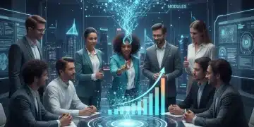 Professionals analyzing a holographic growth chart, representing future online certifications and career growth in the US.