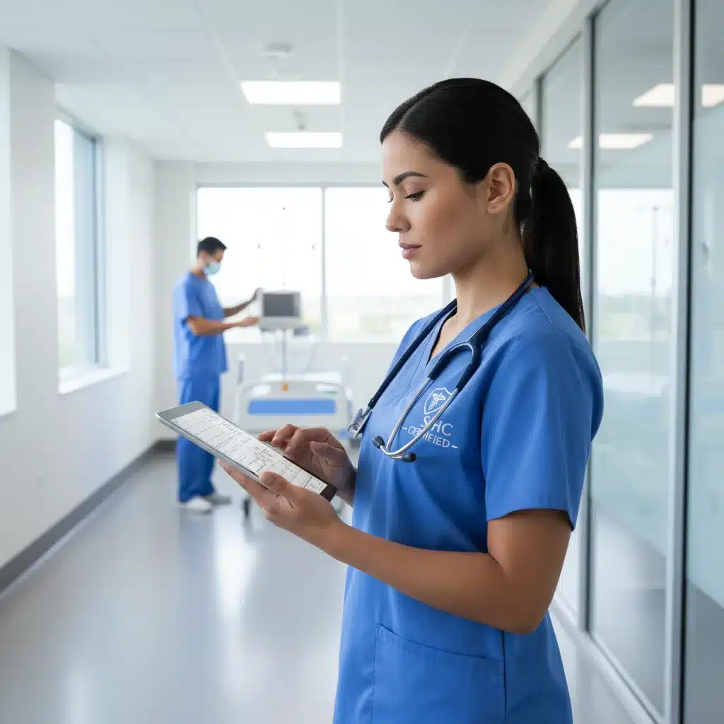 Healthcare professional reviewing patient data on a tablet, illustrating demand for healthcare certifications.