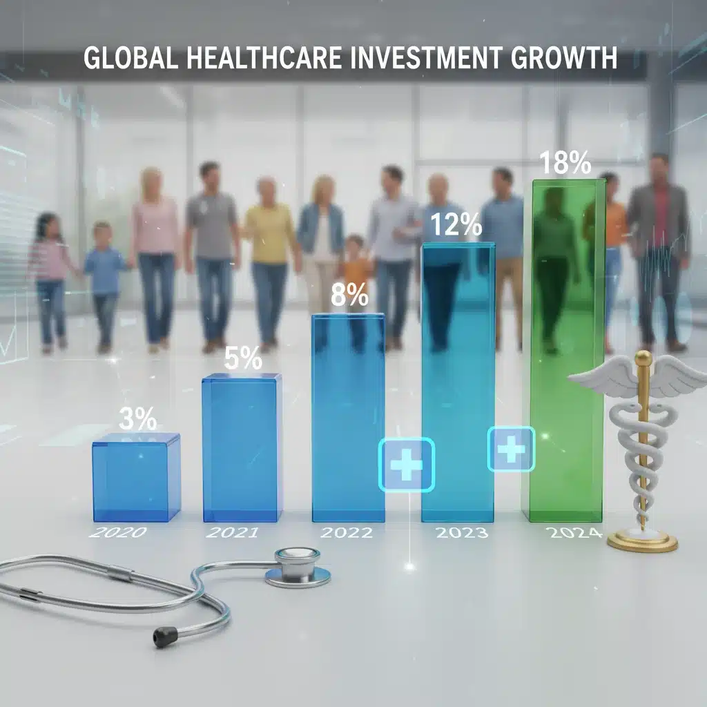Bar chart showing increased federal healthcare spending with medical icons and diverse beneficiaries.
