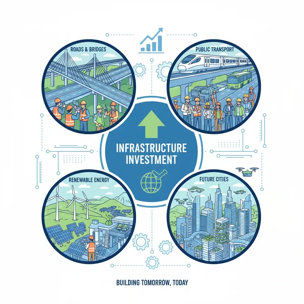 Infographic showing infrastructure investment in roads, bridges, public transport, and renewable energy.