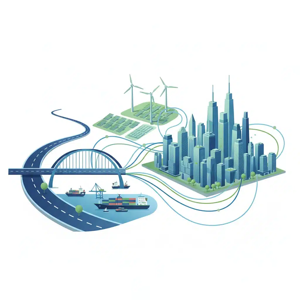Illustration of integrated infrastructure sectors: roads, bridges, ports, smart cities, and renewable energy.
