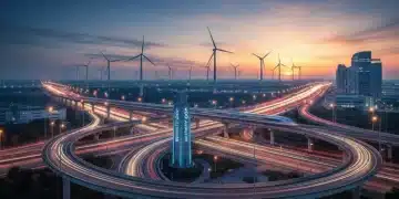 Modern highway interchange with high-speed train and wind farm, symbolizing 2026 infrastructure investment.