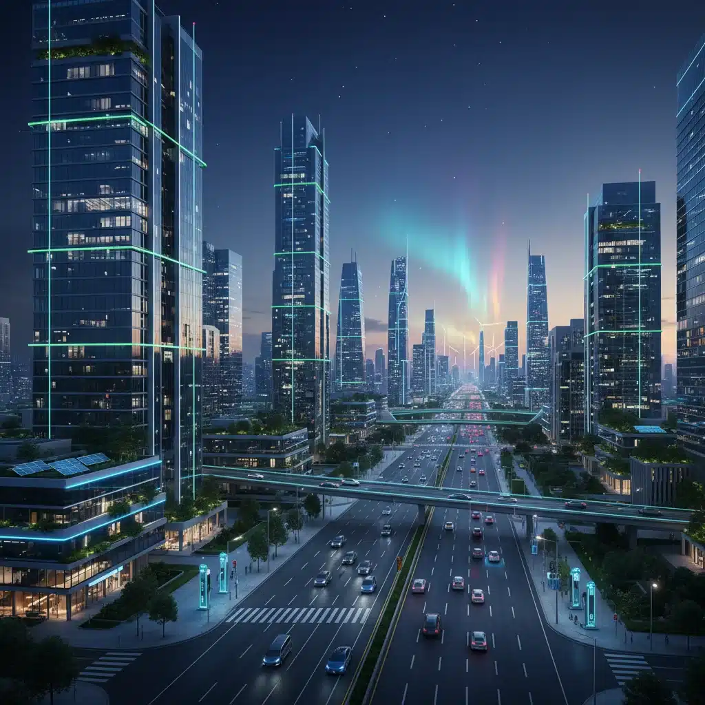 Modern cityscape powered by advanced energy infrastructure and smart grid technology.