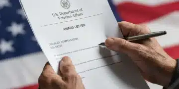 Veteran reviewing VA disability compensation rates document with American flag in background.