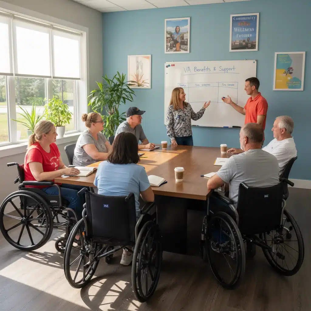 Diverse group of veterans discussing disability benefits and support.