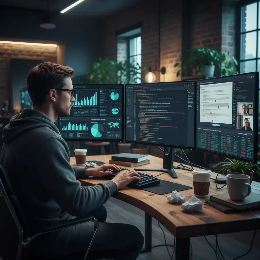 Person analyzing data on multiple screens, representing critical thinking and data literacy.