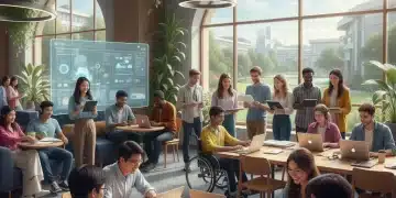 Diverse students collaborating in a modern university, highlighting higher education accessibility.