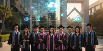 Graduates confidently engaging with digital technology on a holographic screen, symbolizing essential digital literacy skills.