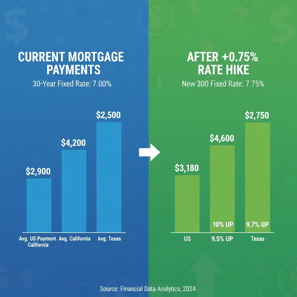 Infographic comparing mortgage payments before and after a 0.75% interest rate increase, illustrating the financial impact on homeowners.