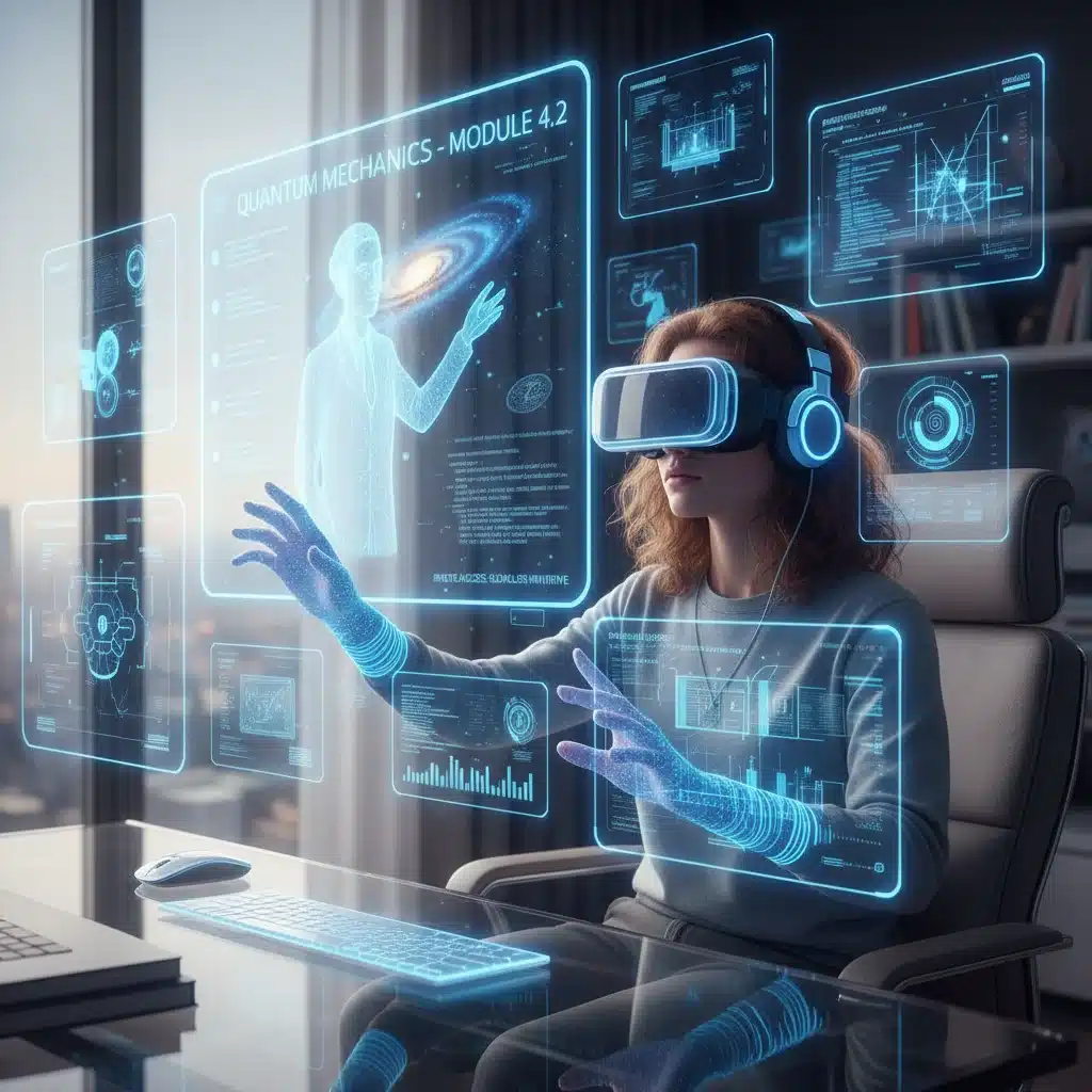 Student engaged in virtual reality online learning, showcasing remote education accessibility.