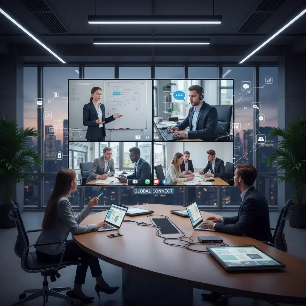 Team collaborating virtually on a large screen, showcasing digital communication and teamwork.
