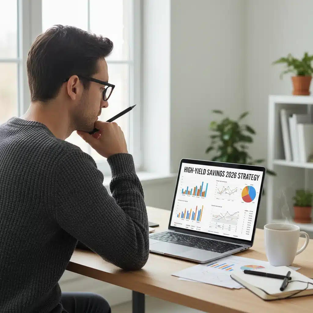 Individual comparing different high-yield savings accounts on a laptop, highlighting careful financial research.