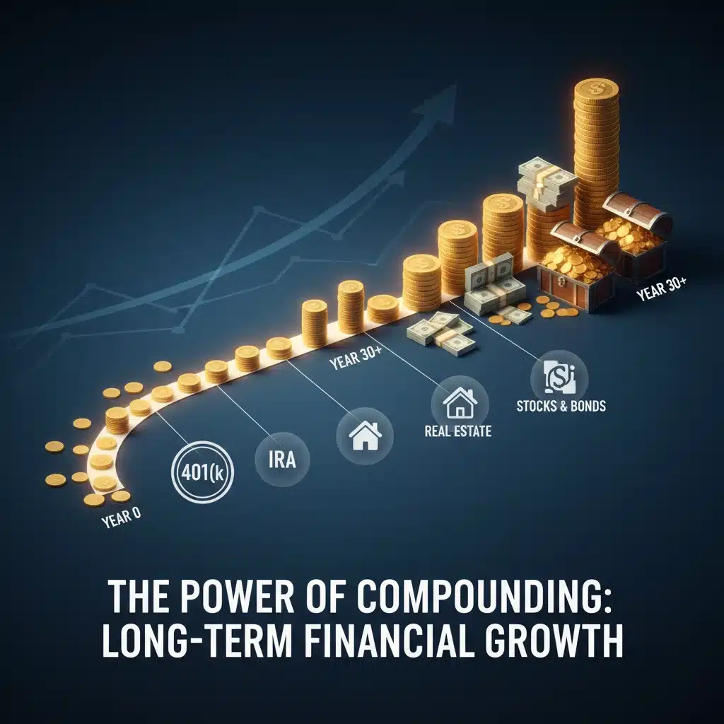 Illustration of compounding interest showing money growing exponentially over a timeline, representing long-term investment benefits for retirement.