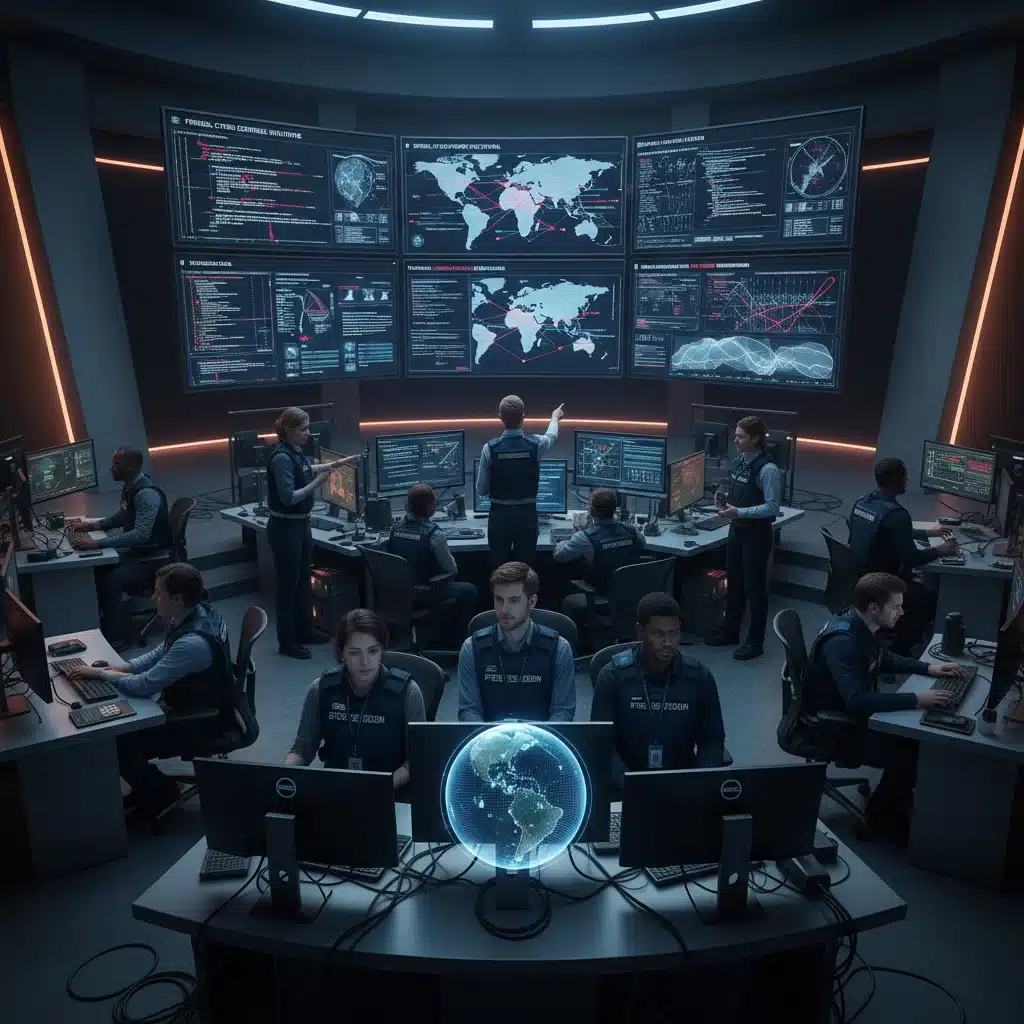 Cybersecurity analysts monitoring real-time threat intelligence in a command center.