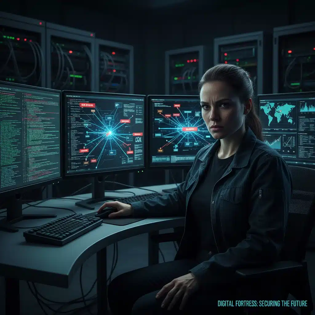 Cybersecurity expert monitoring network threats on multiple screens