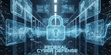 Advanced federal cyber defense infrastructure with glowing network connections and digital padlock.