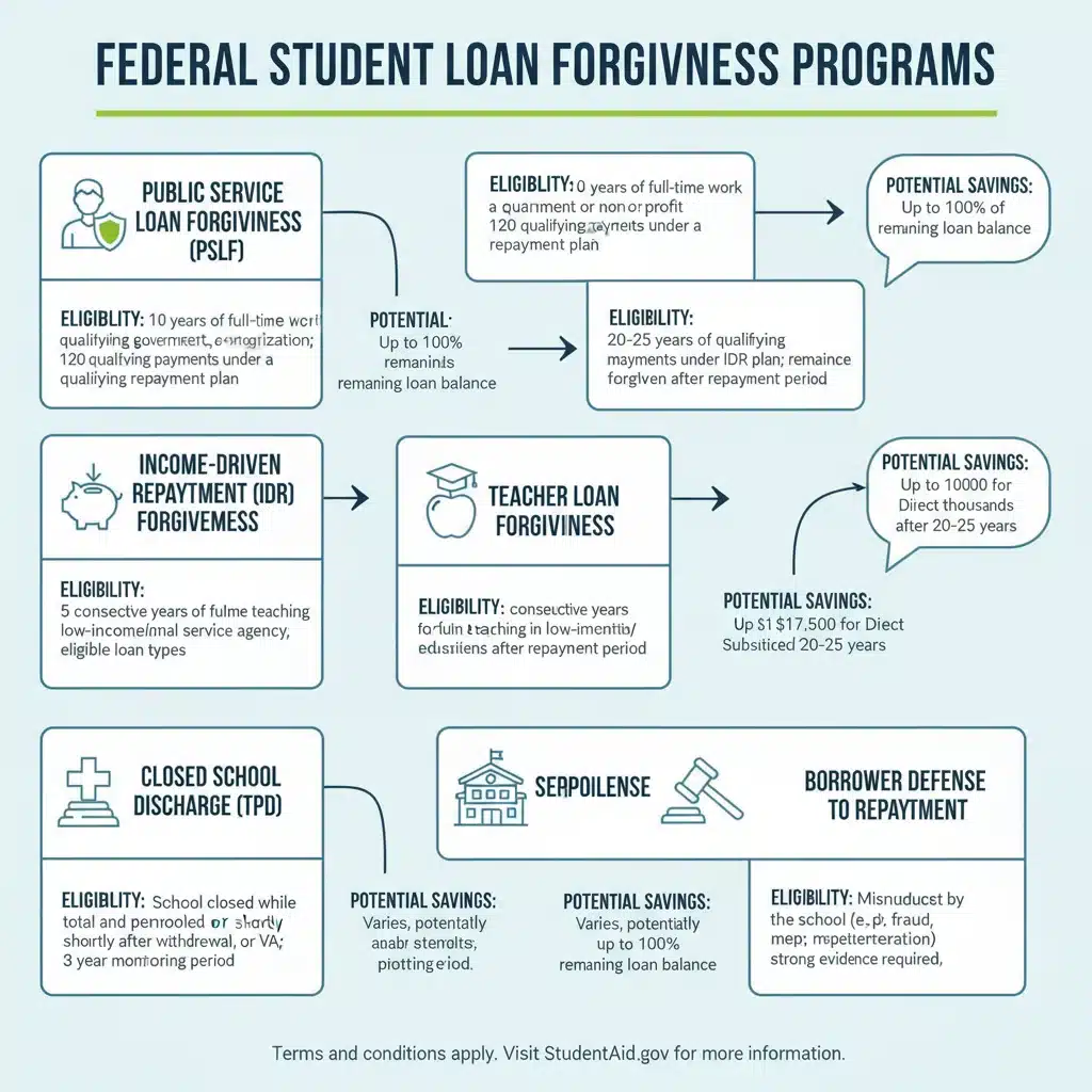 Infographic explaining federal student loan forgiveness programs and eligibility