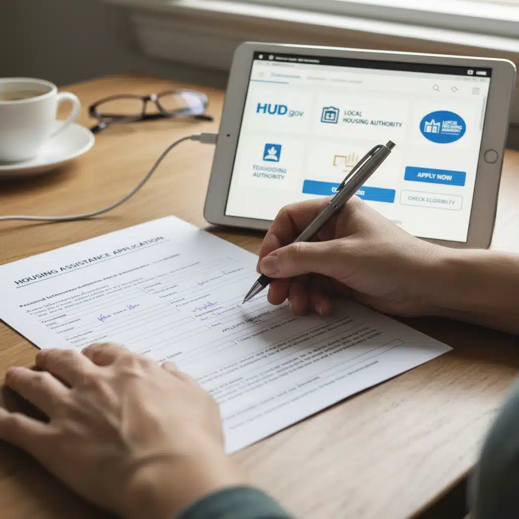 Hands filling out housing assistance application form