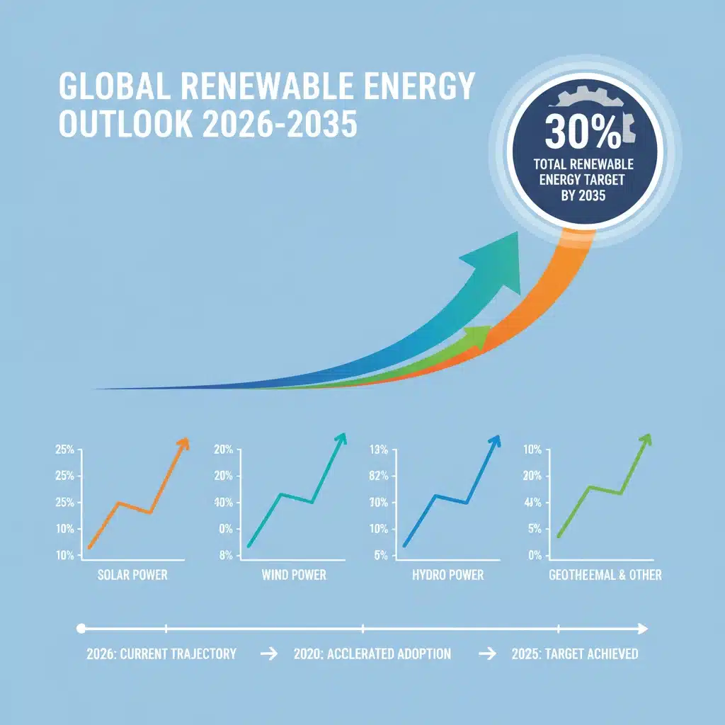 Infographic illustrating the projected growth of renewable energy sectors towards the 30% target by 2035.