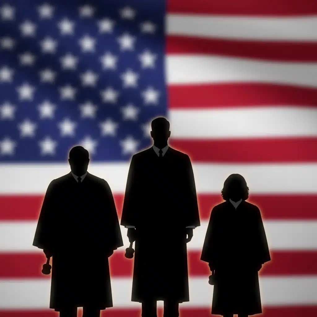 Silhouettes of three Supreme Court Justices against American flag
