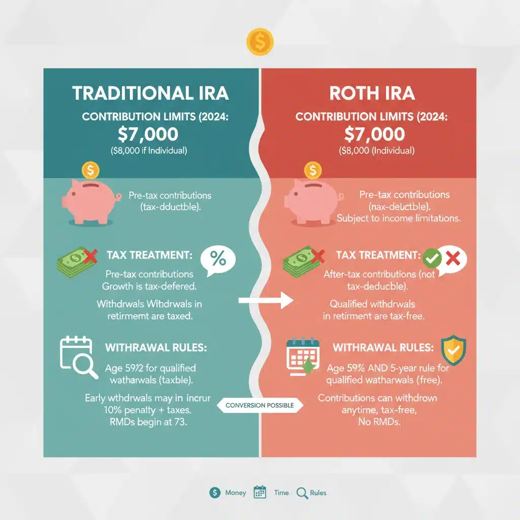 Infographic comparing Traditional IRA vs. Roth IRA, outlining tax benefits, contribution limits, and withdrawal rules for retirement planning.